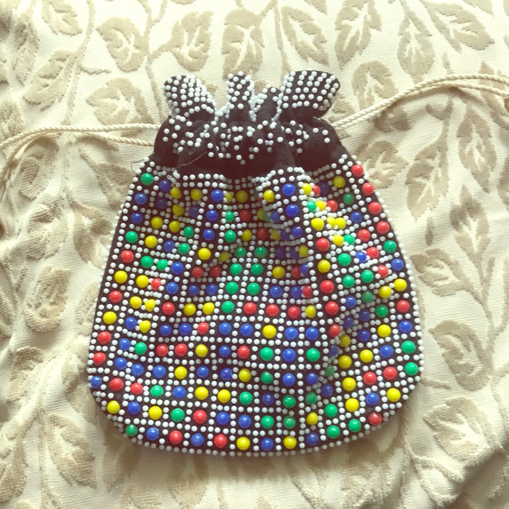 Beaded wristlet bag drawstring 1970’s purse multicolor lightweight tote Vintage